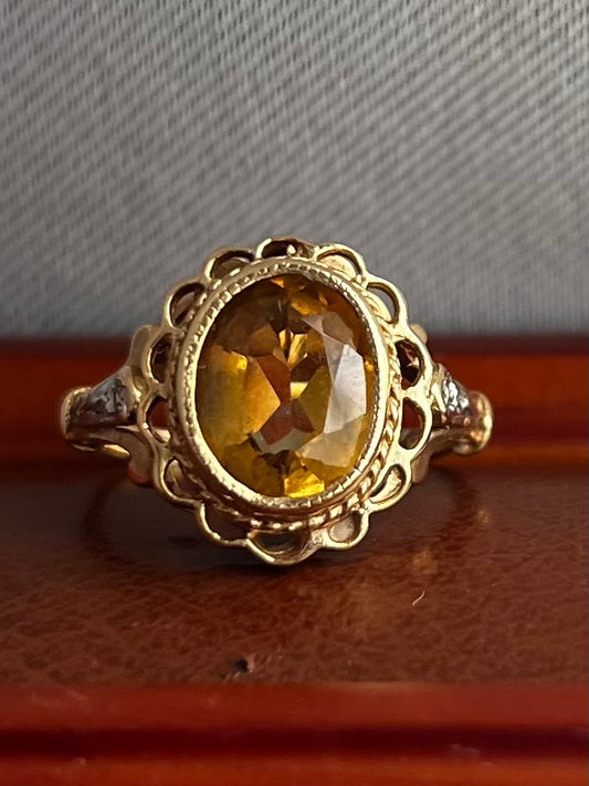 Vintage 9ct Yellow Gold Citrine & Diamond Ring - M½