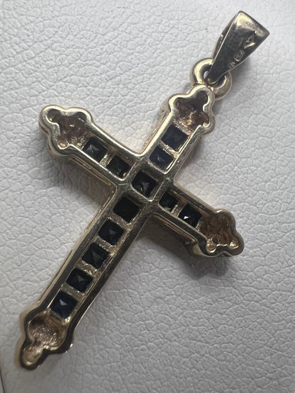 Vintage 9ct Yellow Gold Sapphire & Diamond Cross Pendant • 1.85 Grams