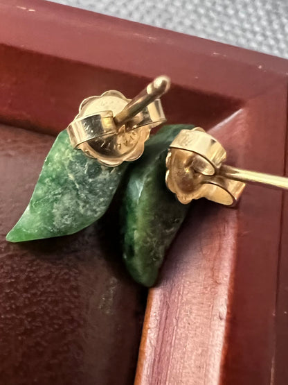 Quality 14ct Jade & Pearl Leaf Earrings - 1.12 Grams