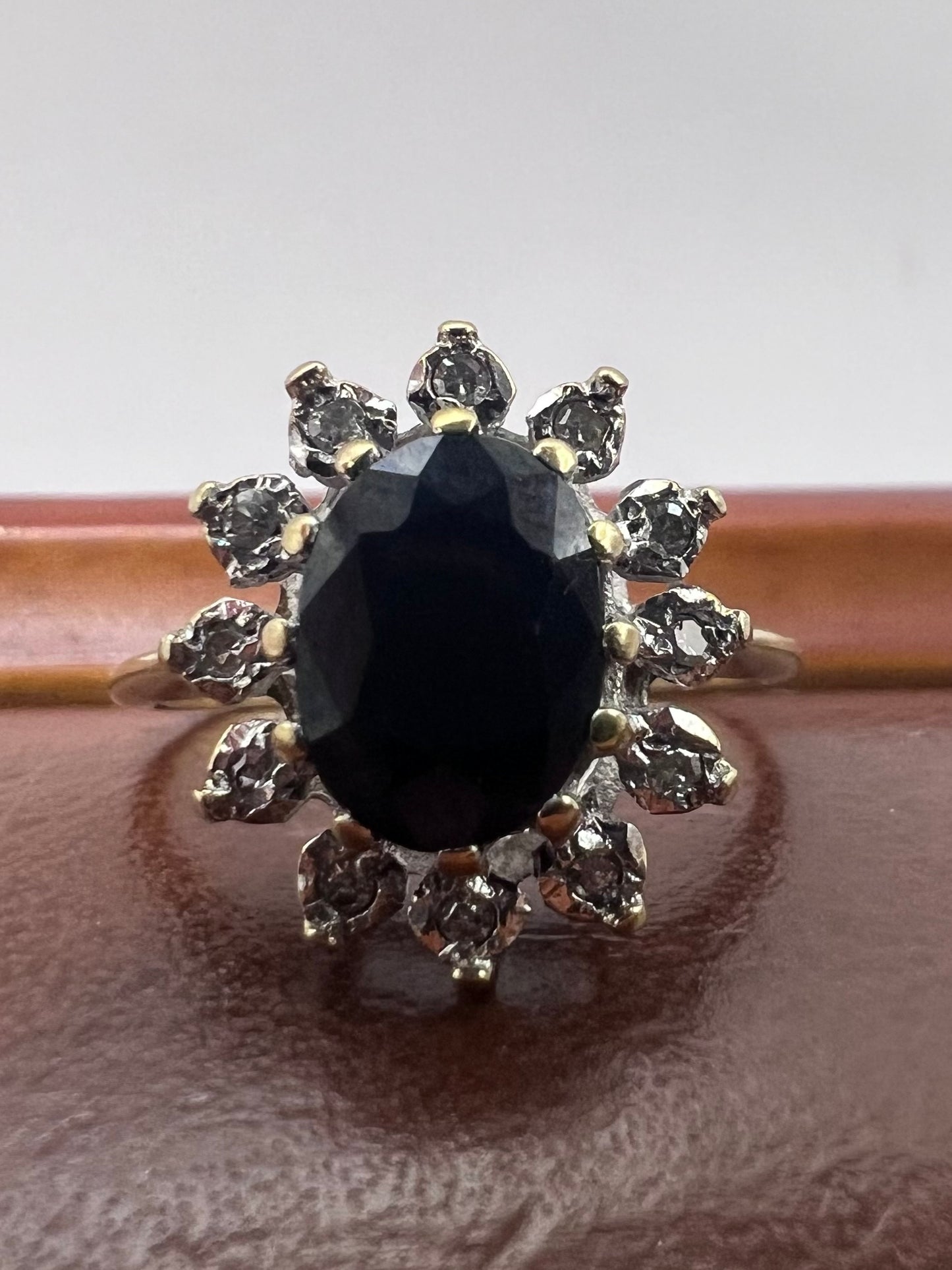 Vintage 9ct Yellow Gold Sapphire & Diamond Cluster Ring - L
