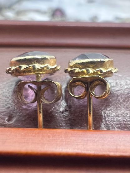 Vintage 9ct Yellow Gold Amethyst Stud Earrings • 1.18 Grams