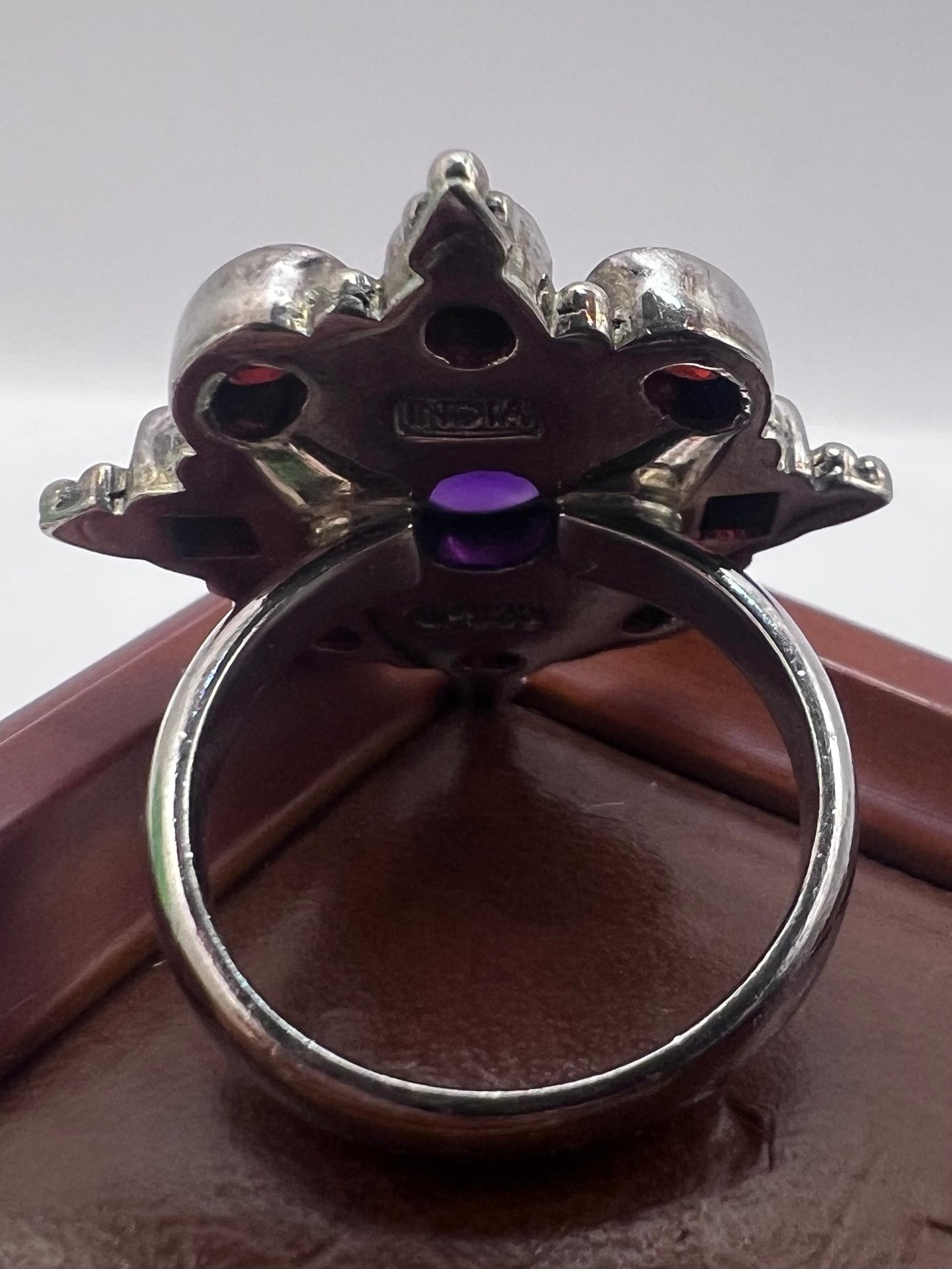 Unique 925 Sterling Silver Indian Amethyst & Garnet Ring • Size - P½