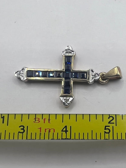 Vintage 9ct Yellow Gold Sapphire & Diamond Cross Pendant • 1.85 Grams