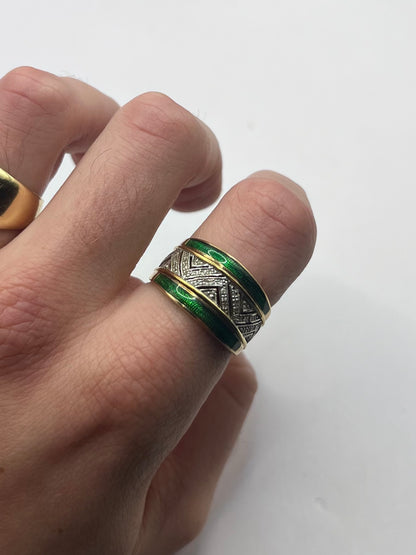 Unique 9ct Yellow Gold Green Enamel & Diamond Ring • Size - T