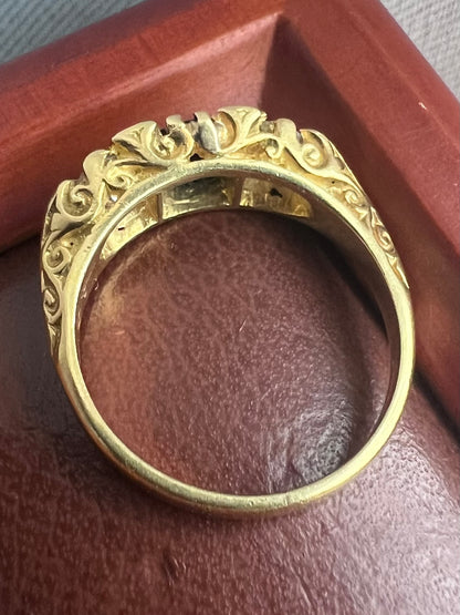 Antique 18ct Gold 1.00ct Sapphire & 0.50ct Diamond Trilogy Ring - M½