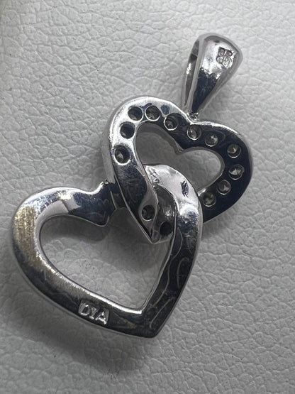 Quality 9ct White Gold Diamond Set Hearts Pendant • 1.87 Grams
