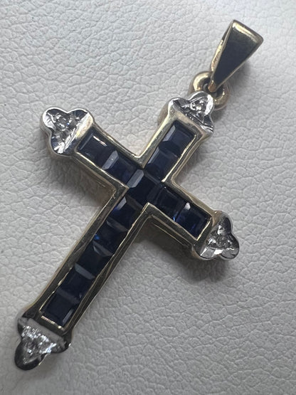 Vintage 9ct Yellow Gold Sapphire & Diamond Cross Pendant • 1.85 Grams