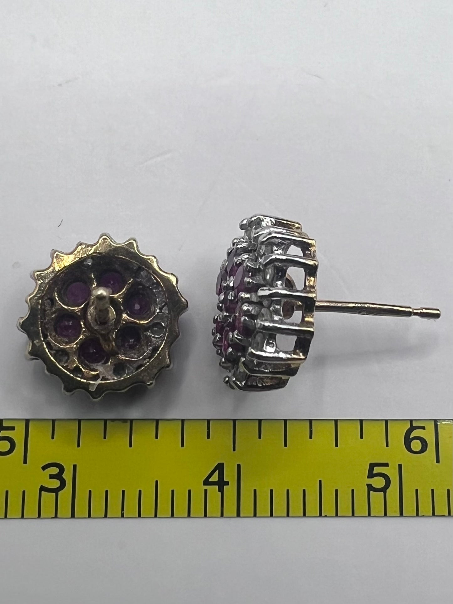 Quality 9ct Yellow Gold Diamond & Ruby Cluster Earrings • 2.18 Grams