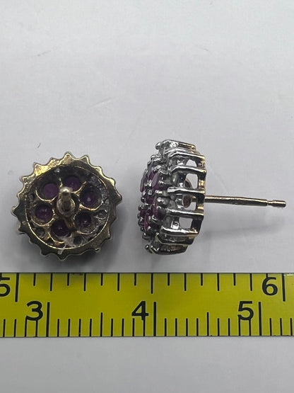Quality 9ct Yellow Gold Diamond & Ruby Cluster Earrings • 2.18 Grams