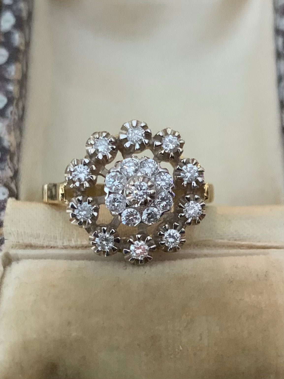 Vintage USSR 18ct Yellow Gold Diamond Cluster
Ring - O½