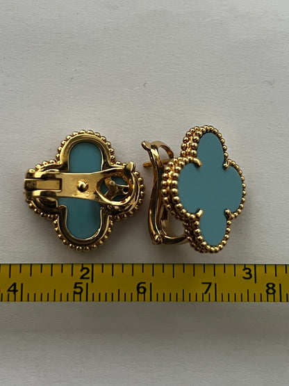 Van Cleef & Arpels Vintage 18K Gold Alhambra Turquoise Earrings  ~ 11.35 Grams