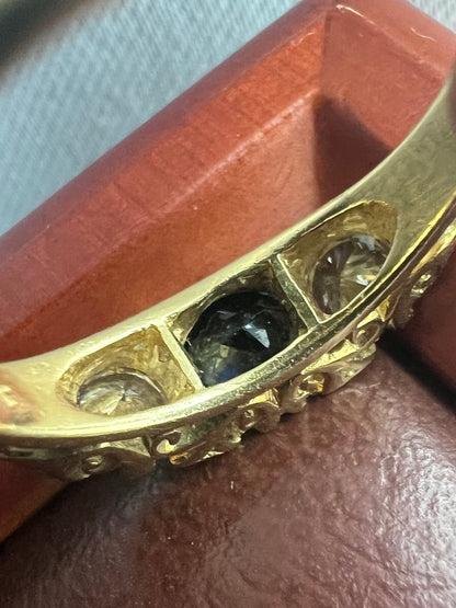Antique 18ct Gold 1.00ct Sapphire & 0.50ct Diamond Trilogy Ring - M½