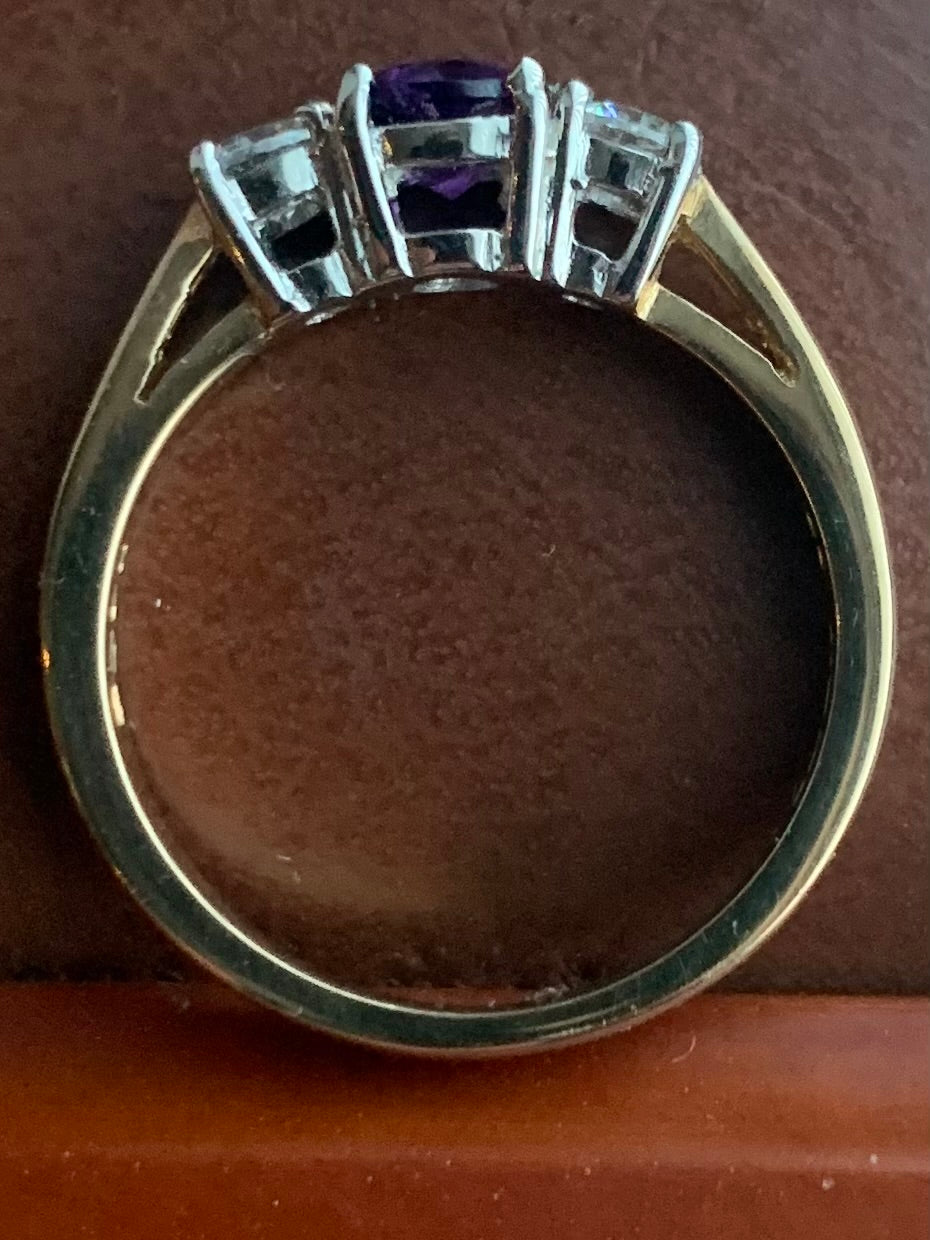 Vintage 9ct Yellow Gold Amethyst & Cz Trilogy Ring - N½