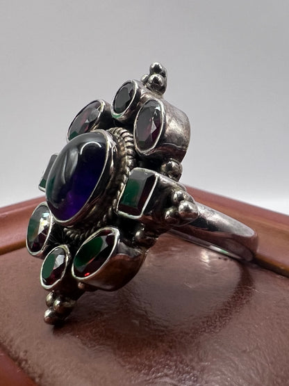 Unique 925 Sterling Silver Indian Amethyst & Garnet Ring • Size - P½