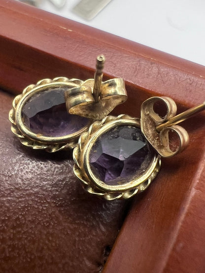 Vintage 9ct Yellow Gold Amethyst Stud Earrings • 1.18 Grams