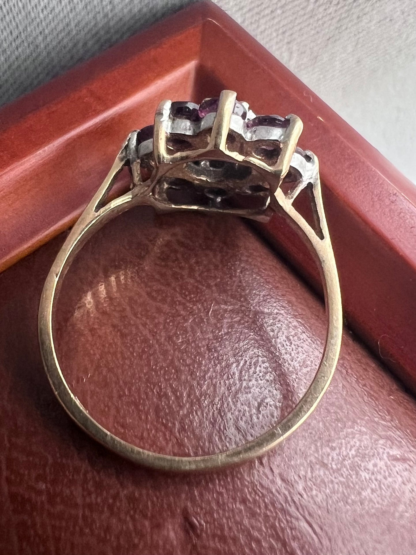 Vintage 9ct Yellow Gold Ruby & Diamond Cluster Flower Ring - L½
