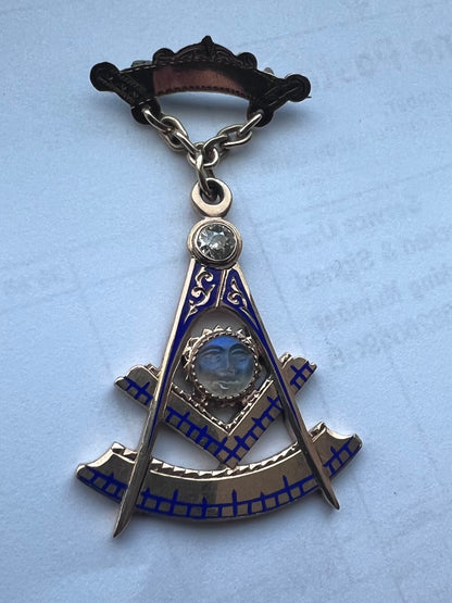 Rare 9ct Antique Diamond & Carved Moonstone Face Blue Enamel Masonic Pendant