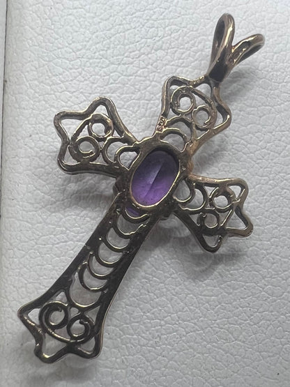 Vintage 9ct Yellow Gold Amethyst Cross Pendant • 1.18 Grams