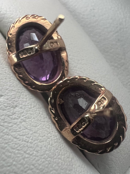 Vintage 9ct Yellow Gold Amethyst Stud Earrings • 2.40 Grams
