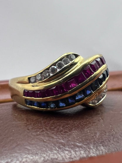Quality 18ct Yellow Gold Sapphire, Ruby & Diamond Ring - N