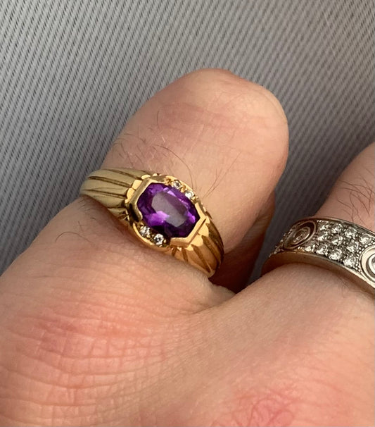 Vintage 14ct Yellow Gold Amethyst & Diamond Ring ~ 2.22 Grams ~ Size - L½