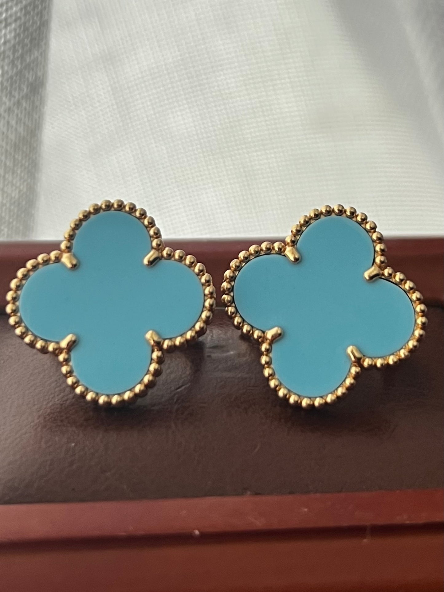 Van Cleef & Arpels Vintage 18K Gold Alhambra Turquoise Earrings  ~ 11.35 Grams