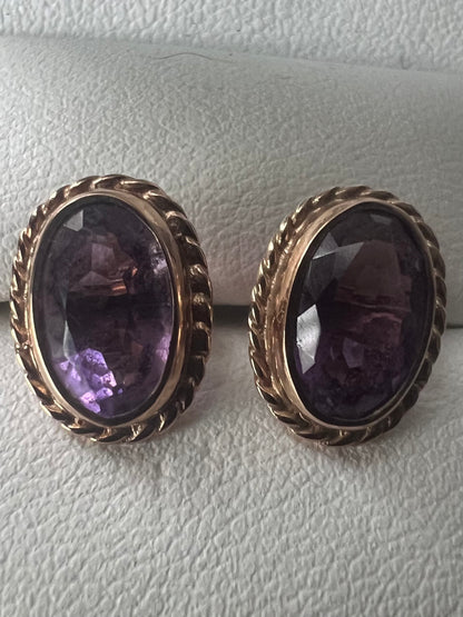 Vintage 9ct Yellow Gold Amethyst Stud Earrings • 2.40 Grams