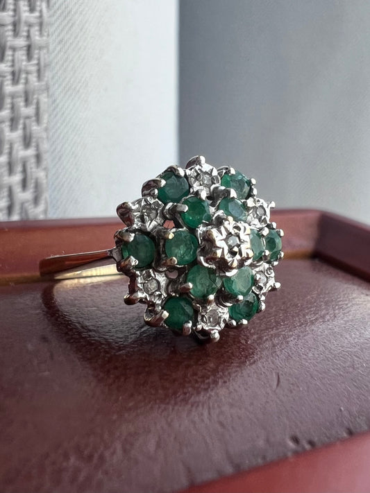 Vintage 9ct Yellow Gold Emerald & Diamond Cluster Ring - L½