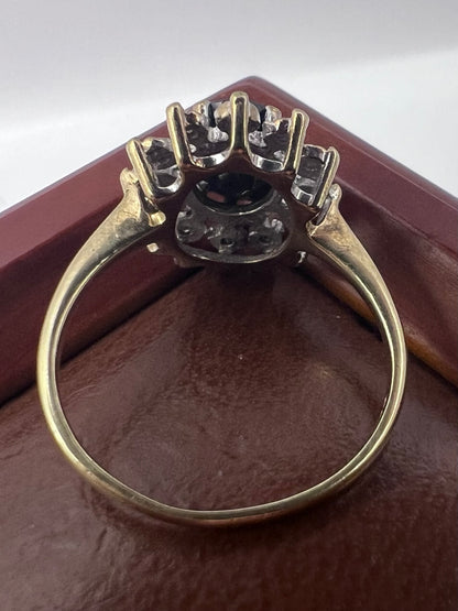 Vintage 9ct Yellow Gold Sapphire & Diamond Cluster Ring - L