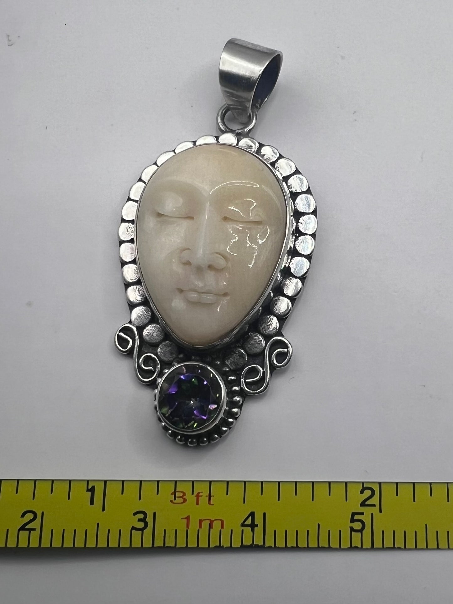 Unique 925 Sterling Silver Carved Jade Face & Mystic Topaz Pendant - 6.25 Grams