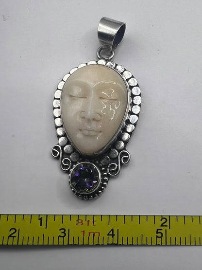 Unique 925 Sterling Silver Carved Jade Face & Mystic Topaz Pendant - 6.25 Grams