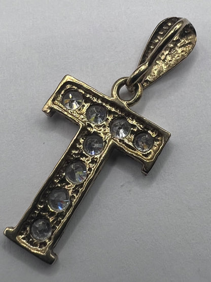 Vintage 9ct Yellow Gold “T” Initial Cz Set Pendant • 2.13 Grams