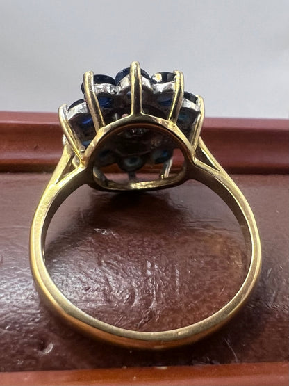Vintage 9ct Yellow Gold Sapphire & Diamond Cluster Ring - P
