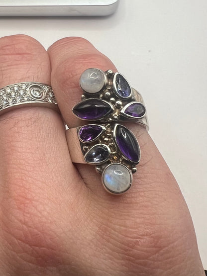 Unique 925 Sterling Silver Amethyst & Moonstone Ring - L