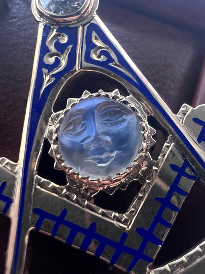 Rare 9ct Antique Diamond & Carved Moonstone Face Blue Enamel Masonic Pendant