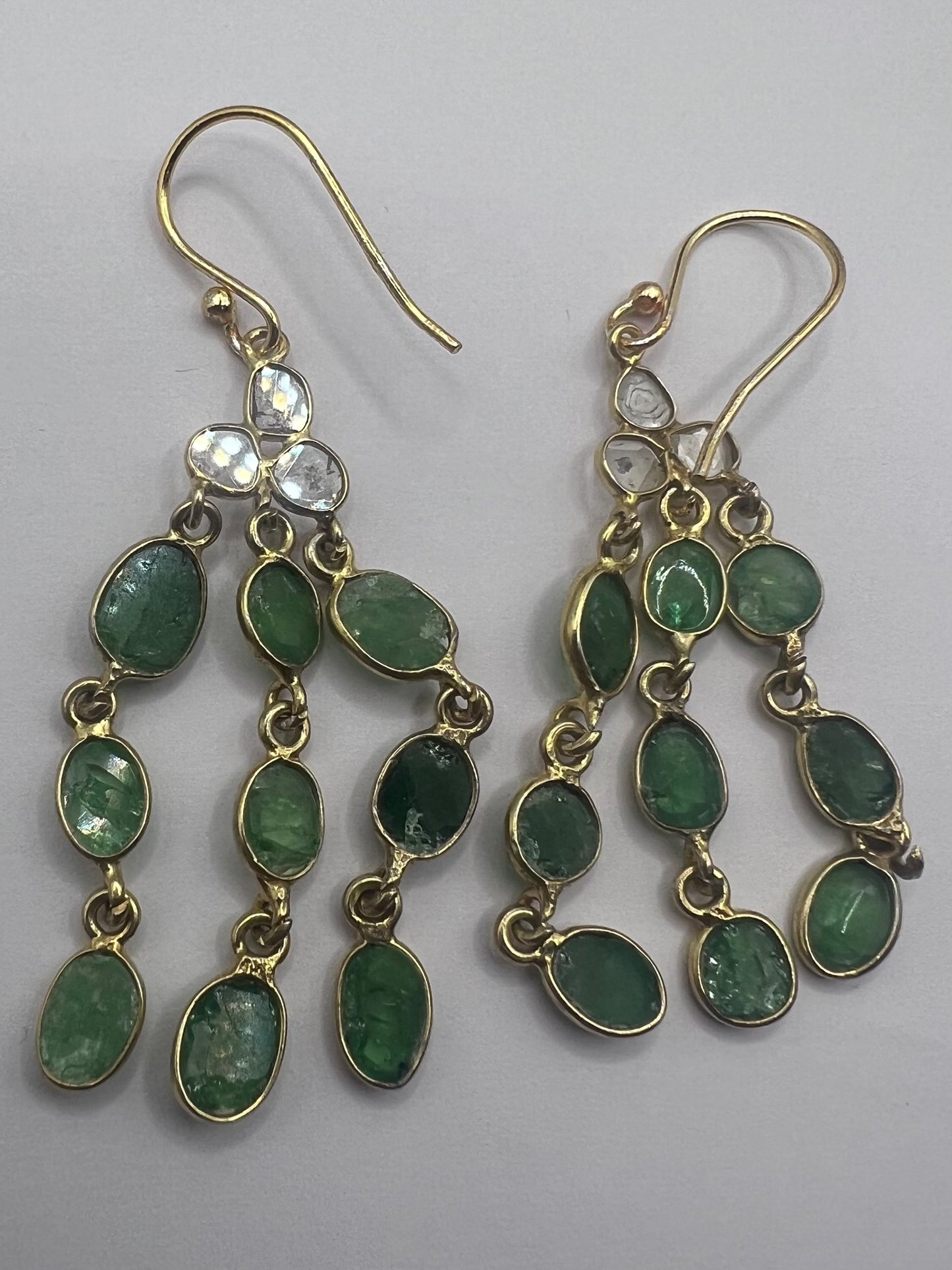 Quality 9ct Gold On Silver Emerald & Diamond Dangle Earrings • 6.08 Grams