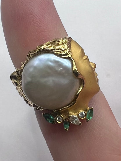Rare Carrera Y Carrera 18ct Yellow Gold Baroque Pearl Lady’s Head Ring