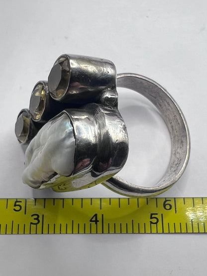 Unique 925 Citrine & Pearl Set Ring ~ 11.32 Grams ~ Size - Q