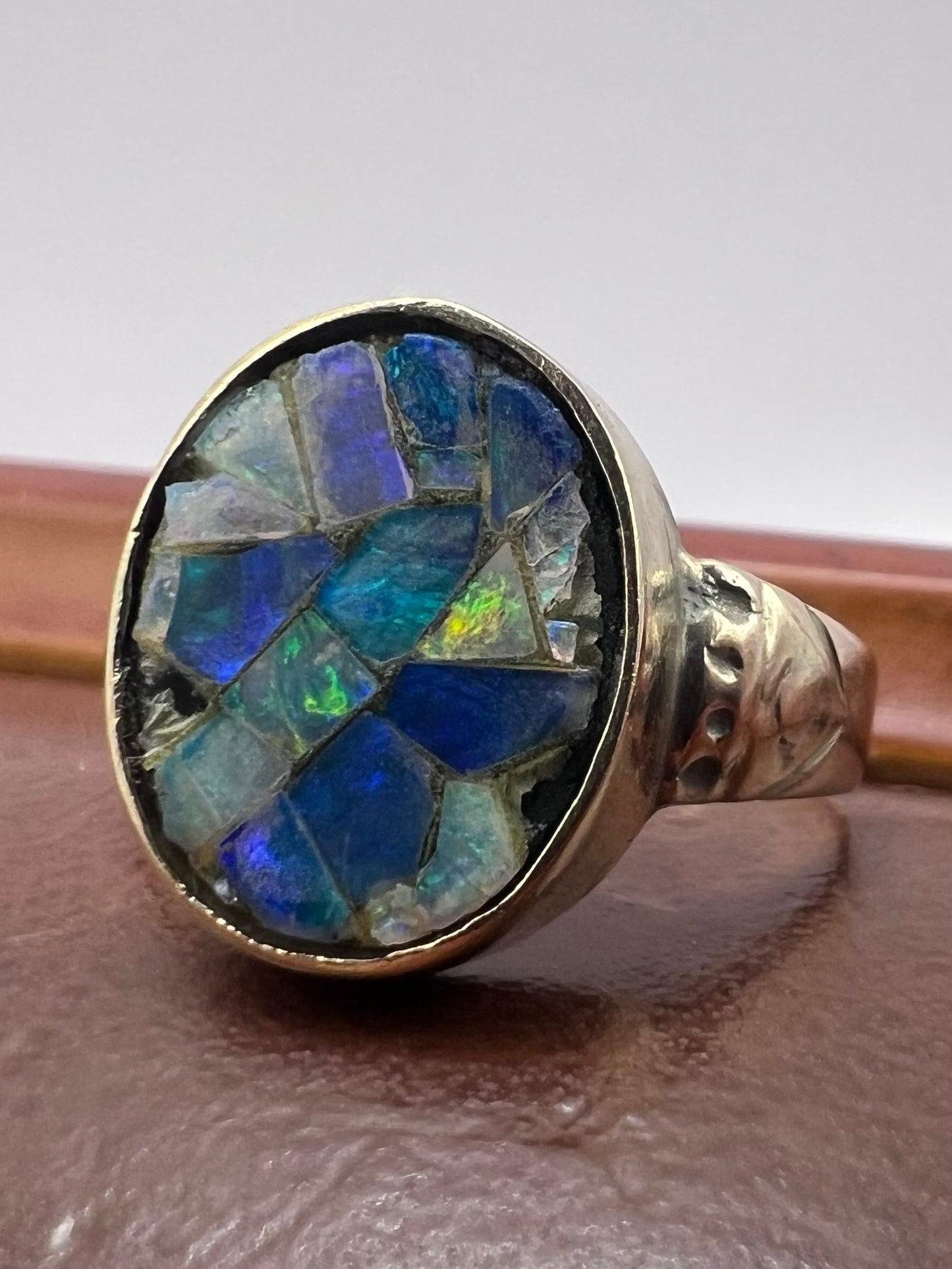 Antique 9ct Yellow Gold Opal Mosaic Ring - K½