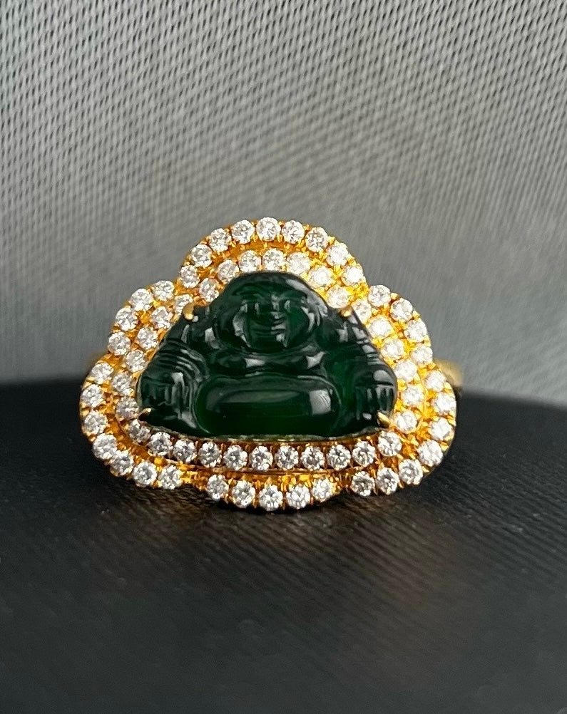 18ct Yellow Gold Jade Buddha & Diamond Set Ring - Q