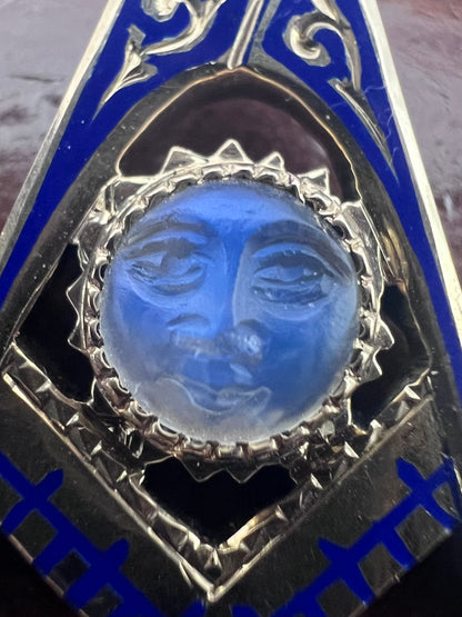 Rare 9ct Antique Diamond & Carved Moonstone Face Blue Enamel Masonic Pendant