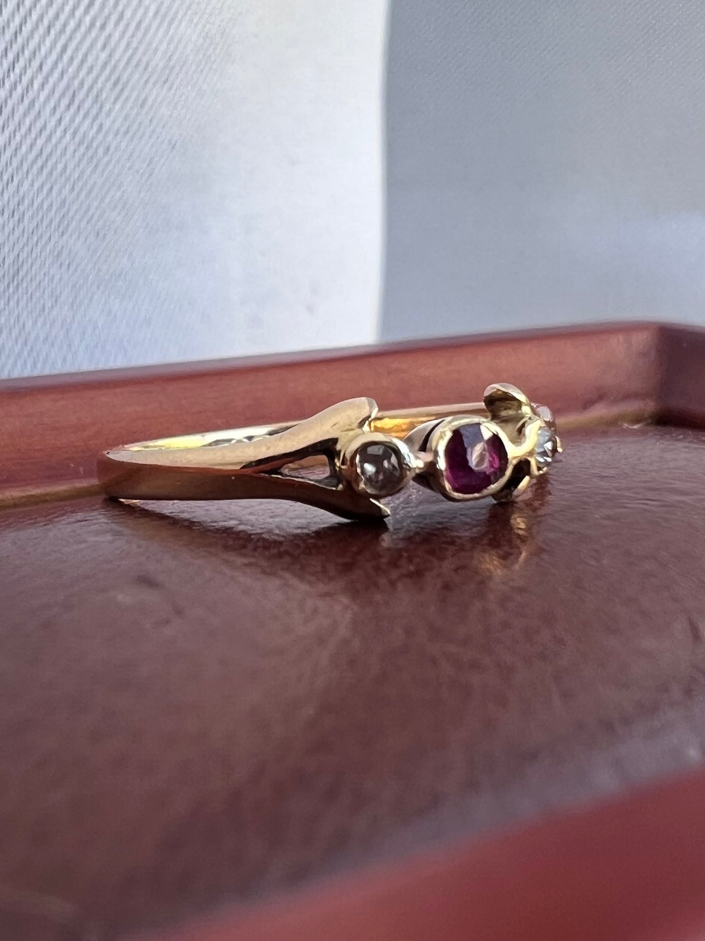 Antique 18ct Yellow Gold Dainty Ruby & Diamond Ring - M