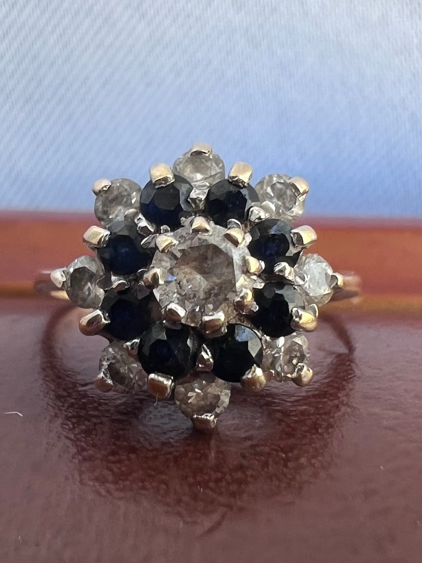 Vintage 9ct Yellow Gold Cz & Sapphire Cluster Ring - L½