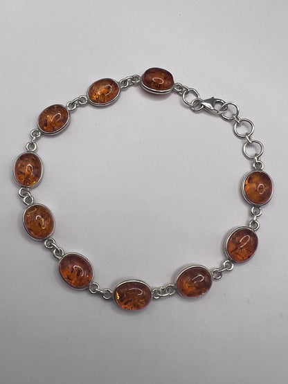 Quality 925 Sterling Silver Cabochon Amber Bracelet - 8 Inch