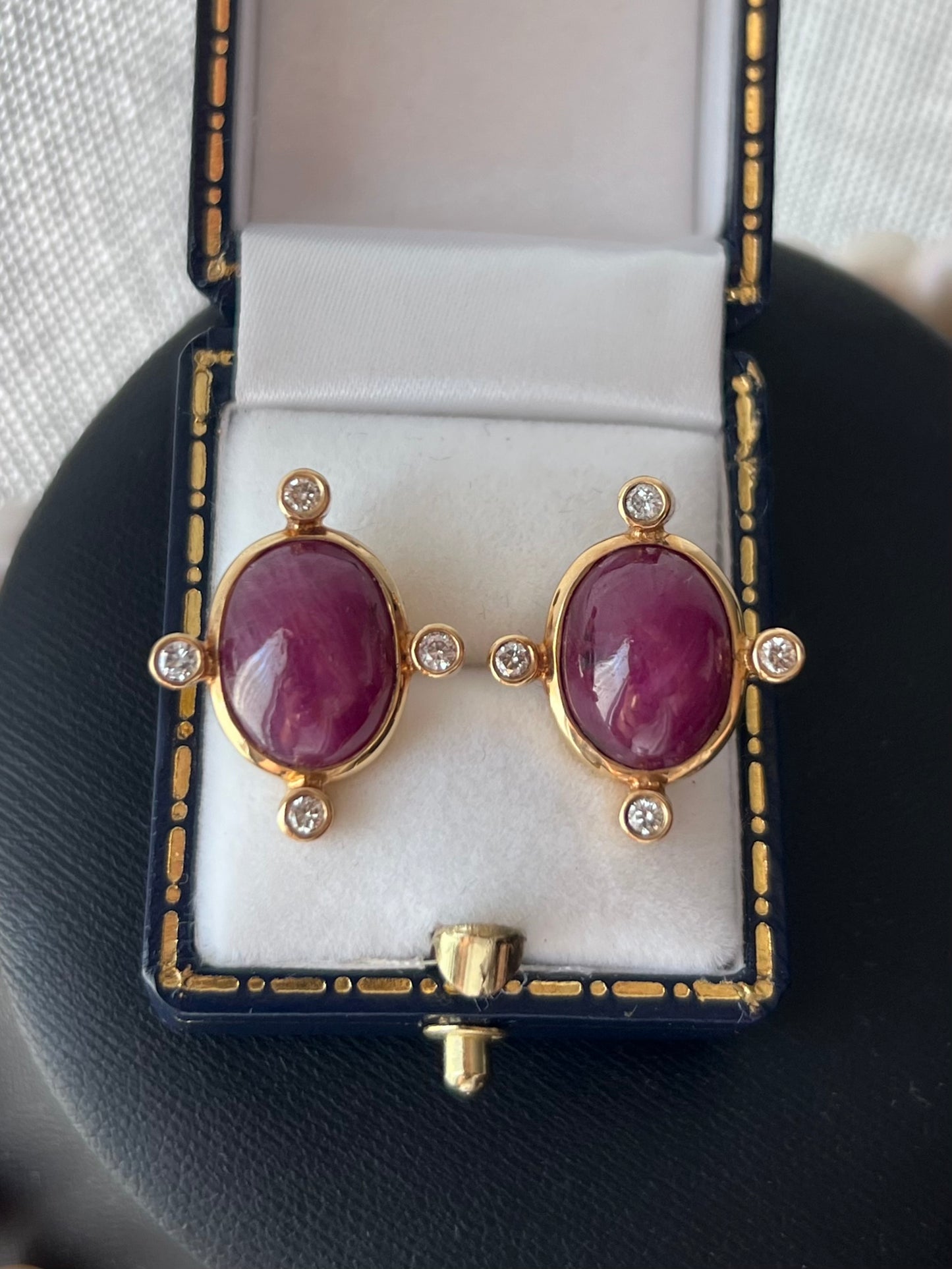 Solid 18ct Yellow Gold Cabochon Ruby & Diamond Earrings - 9.80 Grams