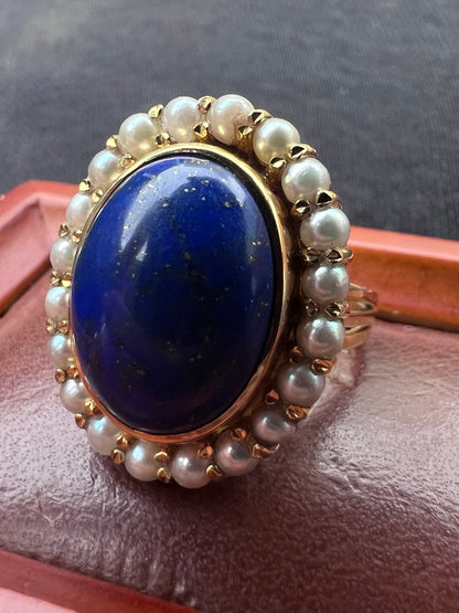 19ct Portuguese Lapis lazuli & Pearl Cluster Ring - M