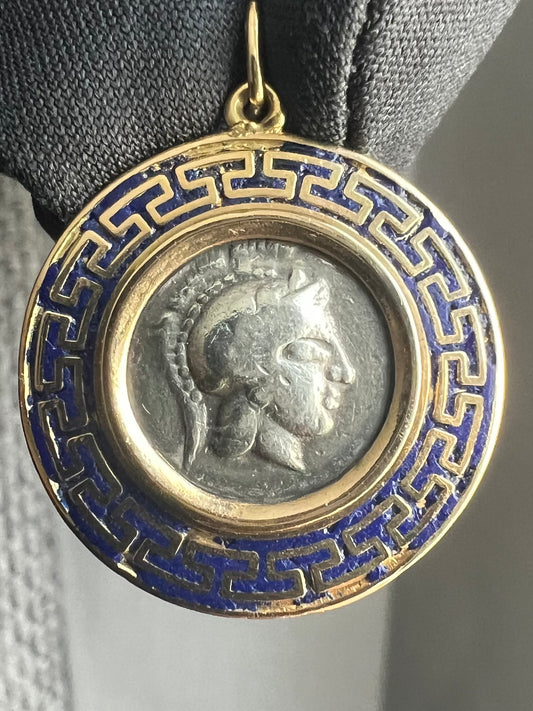 Vintage 18ct Greek Style Coin Set Blue Enamel Pendant - 5.18 Grams