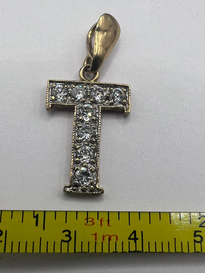 Vintage 9ct Yellow Gold “T” Initial Cz Set Pendant • 2.13 Grams