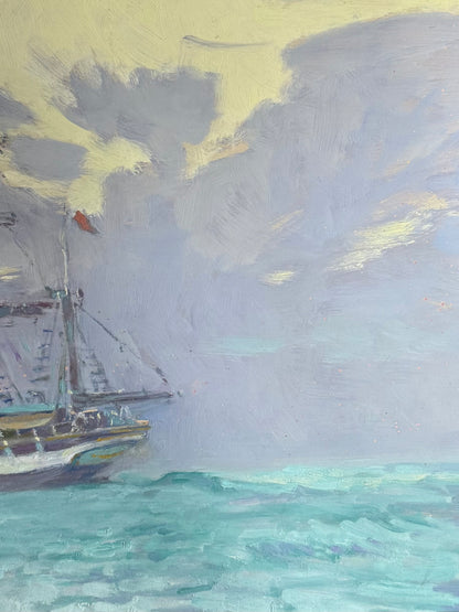 Impressionist Barque Sailing Ship Off Yarmouth Coast Oil Painting - Roy Hodds