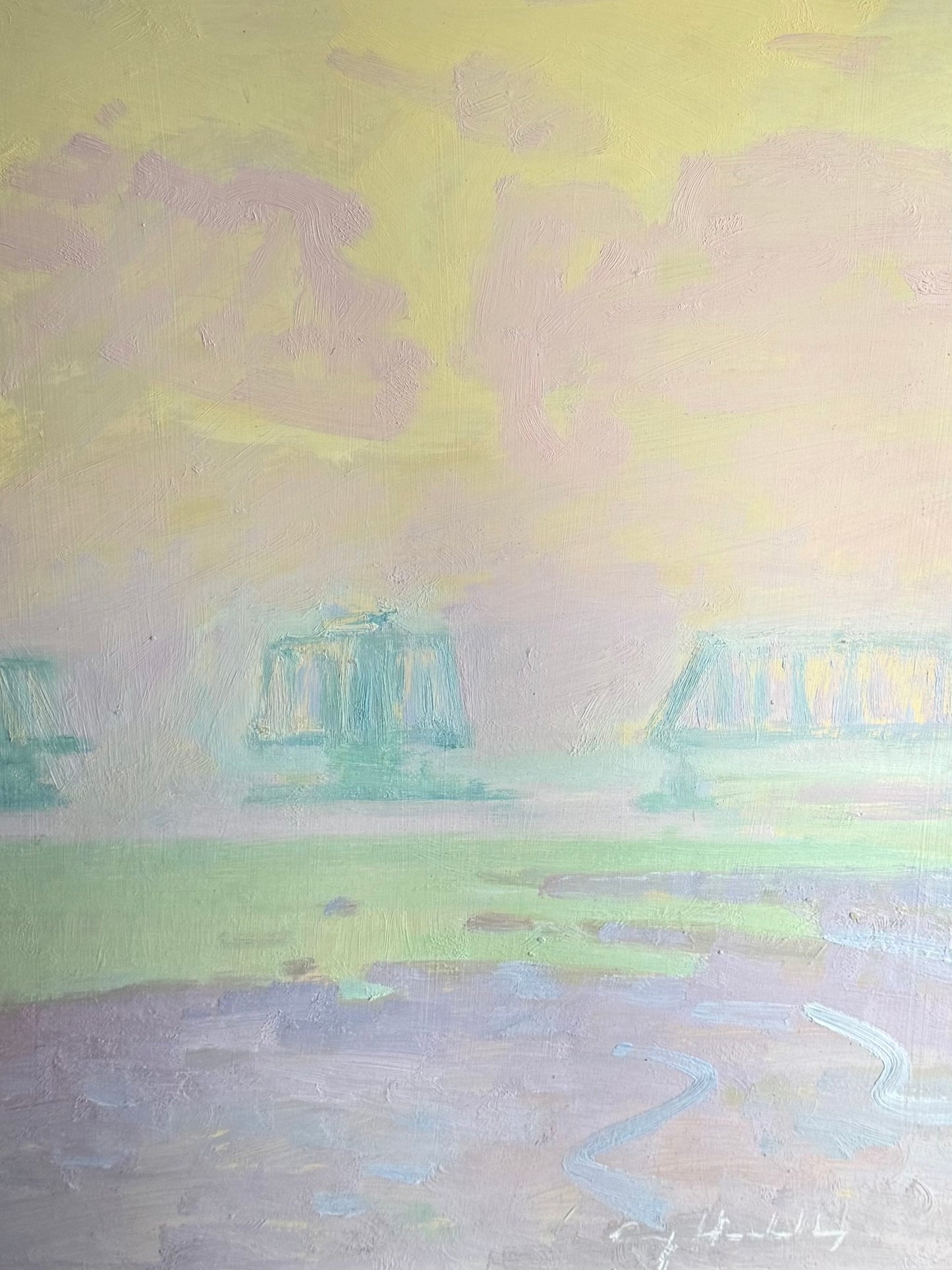 Impressionist Breydon Viaduct At Dusk Oil Painting - Roy Hodds